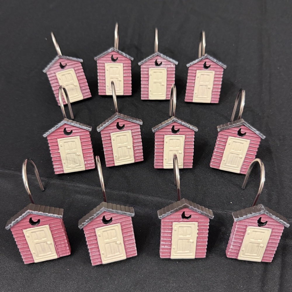 VTG Set 12 Rustic Outhouse Shower Curtain Hooks Mauve Pink Resin Crescent Moon